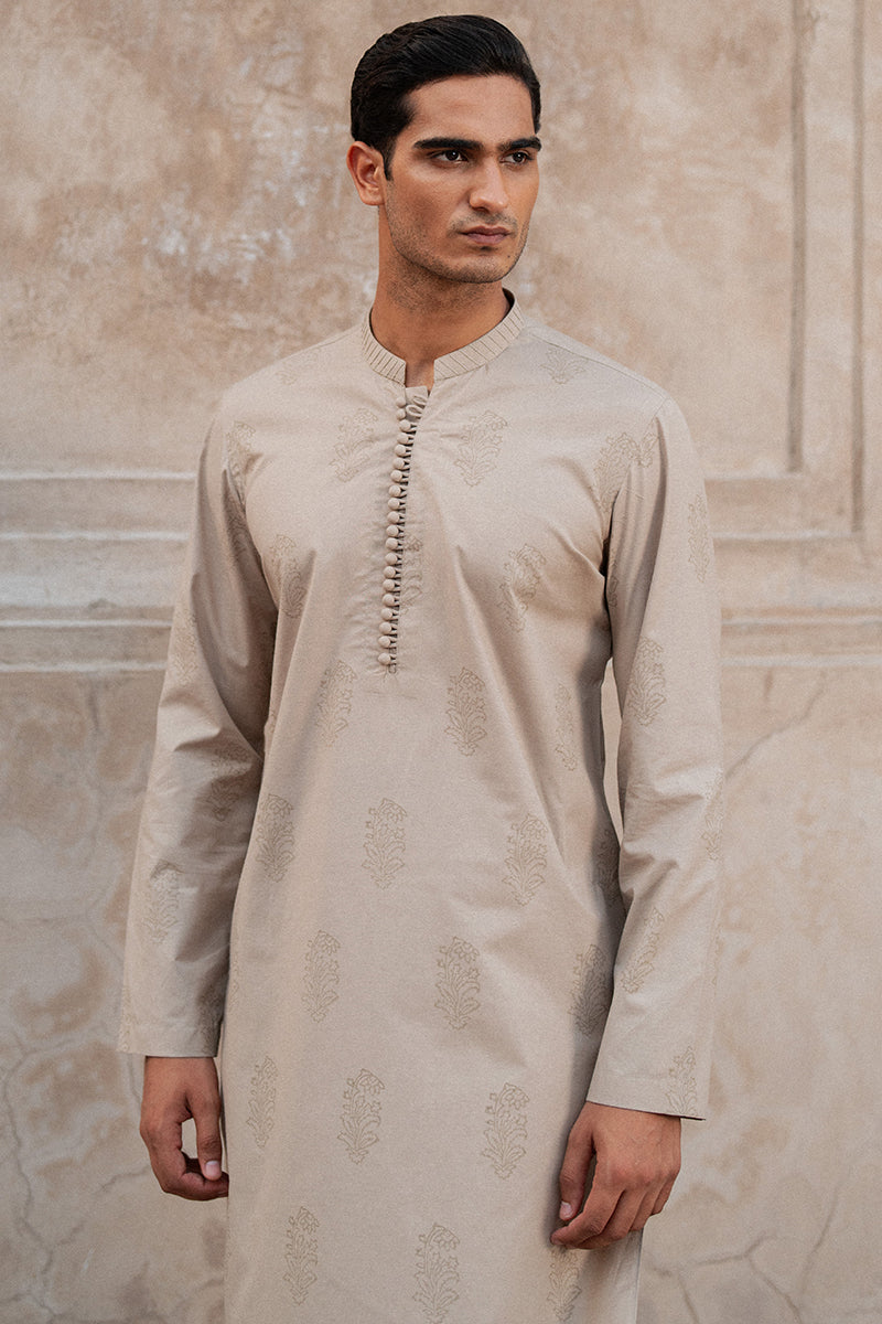 Beige Block Printed Cotton Kurta Pajama (2-Piece) - Image 2