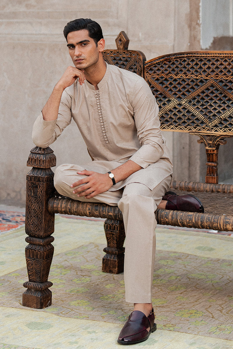 Beige Block Printed Cotton Kurta Pajama (2-Piece) - Image 3