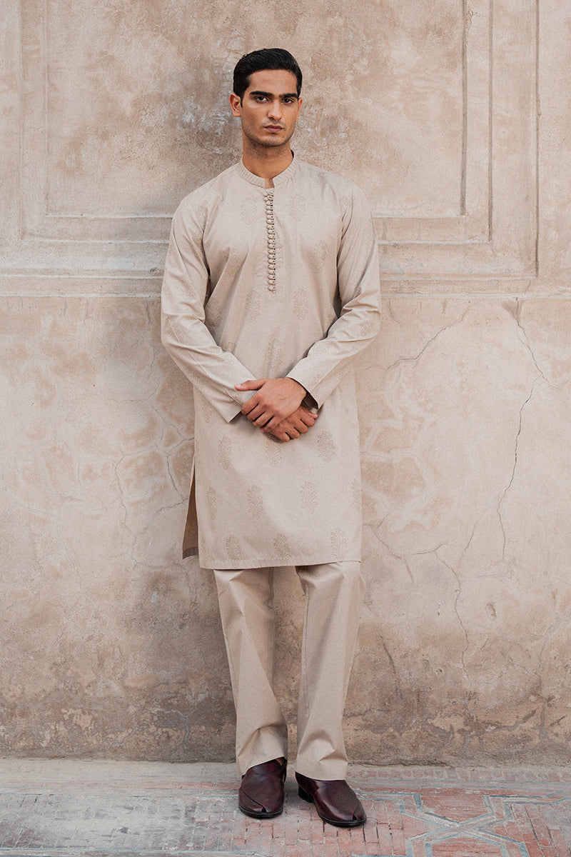 Beige Block Printed Cotton Kurta Pajama (2-Piece) - Image 4