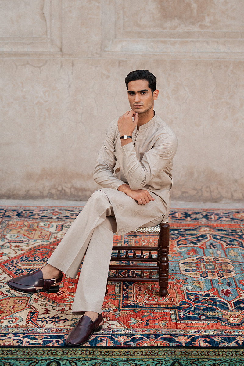 Beige Block Printed Cotton Kurta Pajama (2-Piece) - Image 5