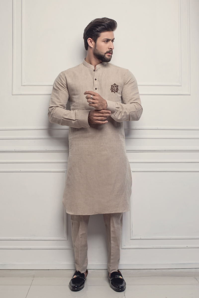 Beige Embroidered Cotton Kurta Pajama (2-Piece) - Image 1