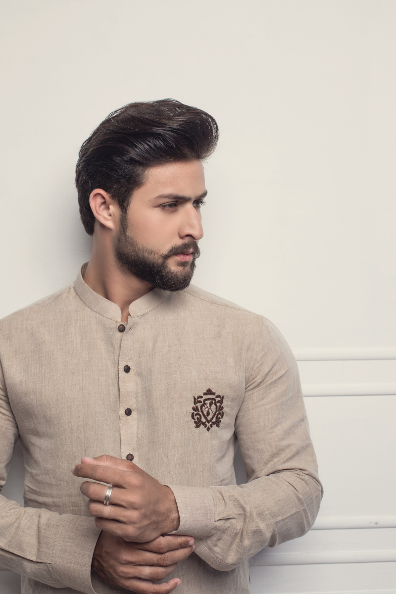 Beige Embroidered Cotton Kurta Pajama (2-Piece) - Image 2