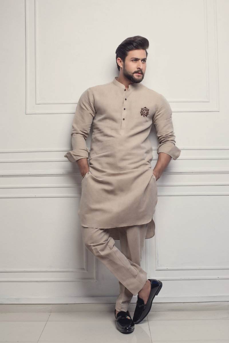 Beige Embroidered Cotton Kurta Pajama (2-Piece) - Image 3