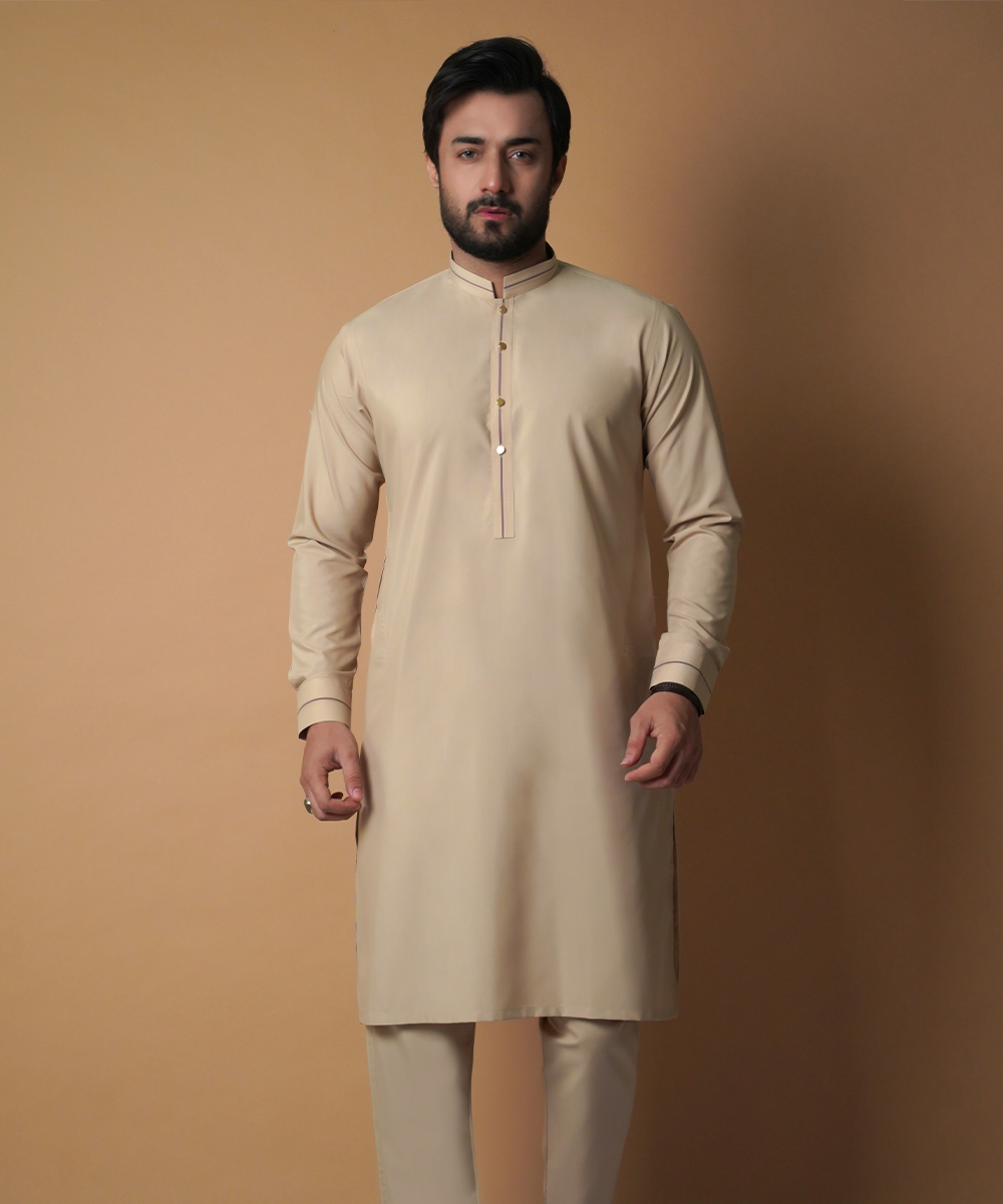 Beige Light Gold Piping IronEZ Kurta Pajama (2-Piece) - Image 1