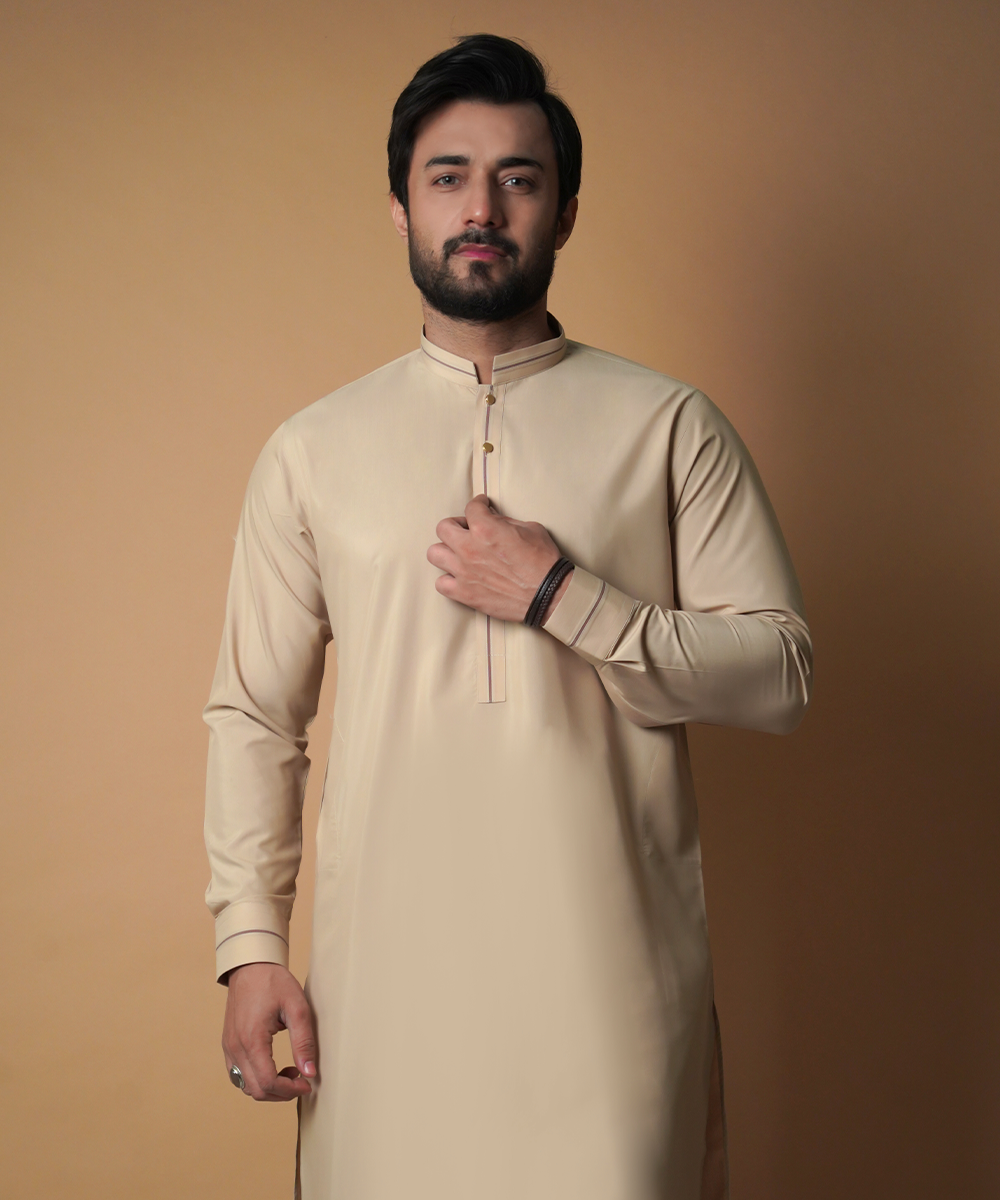 Beige Light Gold Piping IronEZ Kurta Pajama (2-Piece) - Image 2