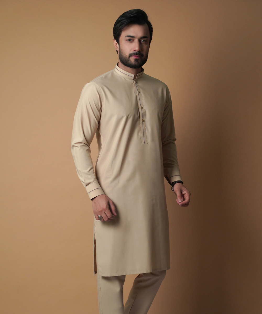 Beige Light Gold Piping IronEZ Kurta Pajama (2-Piece) - Image 6