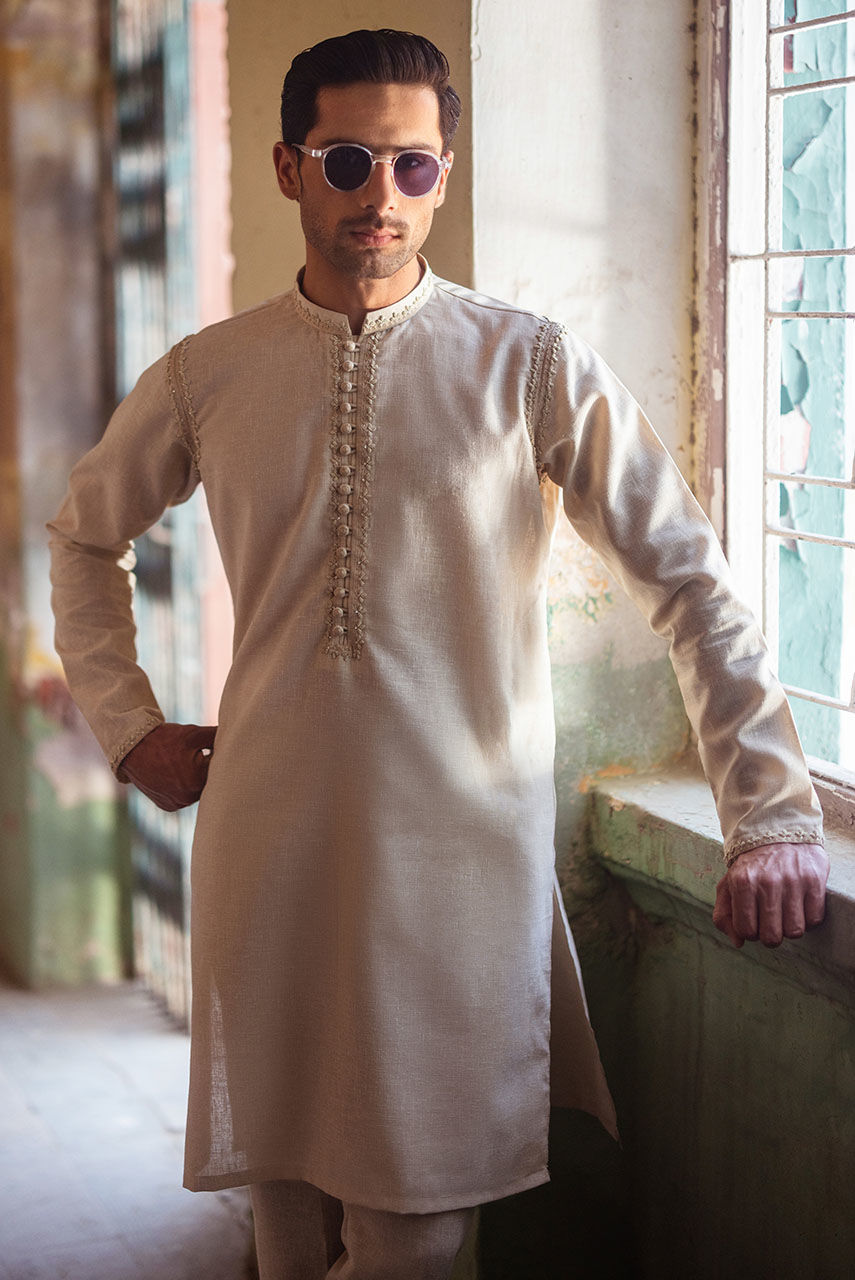 Beige Hand Embroidered Khaddar Kurta Pajama (2-Piece) - Image 2