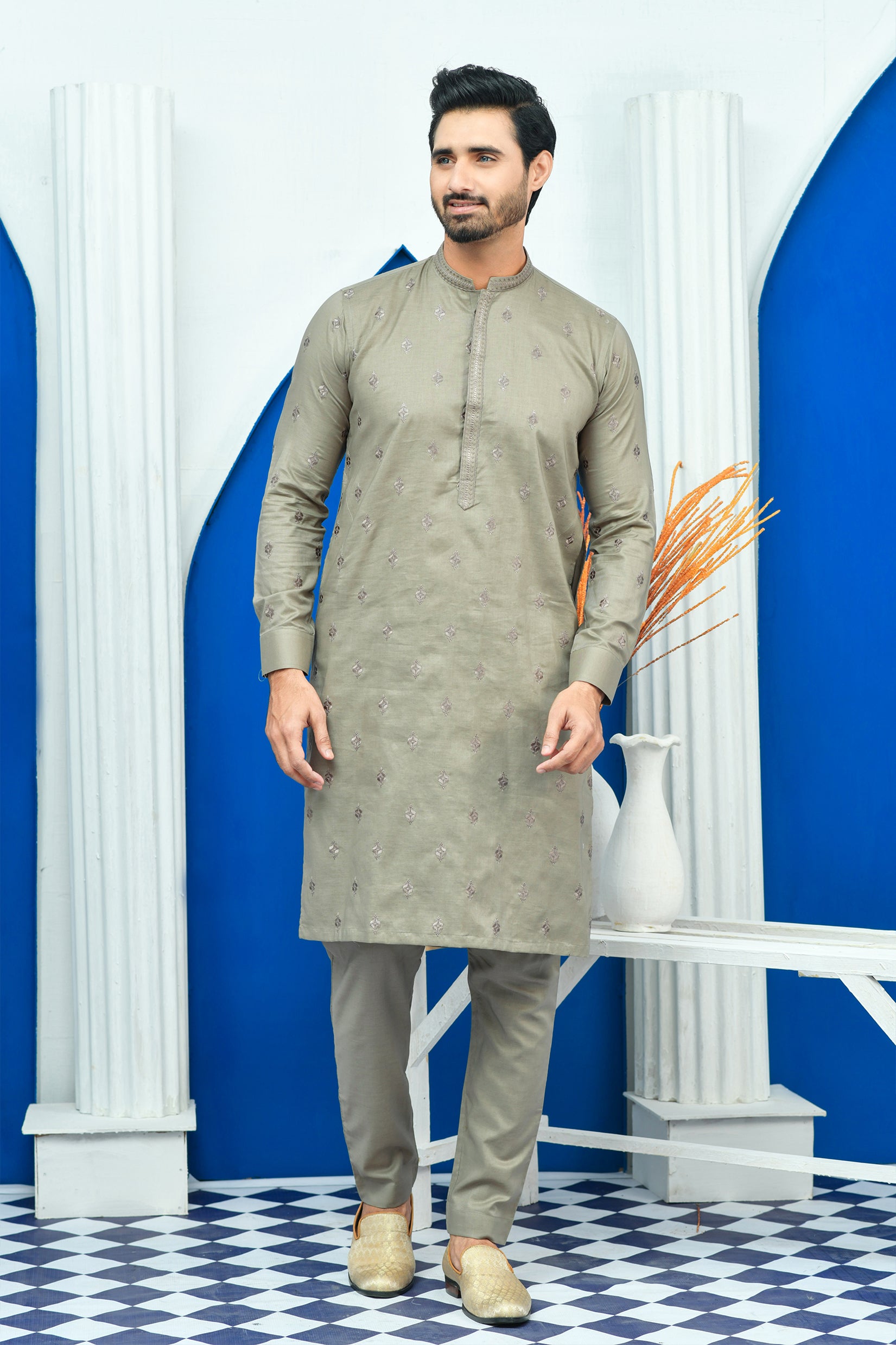 Beigish Brown Embroidered Poly Viscose Kurta Pajama (2-Piece) - Image 1