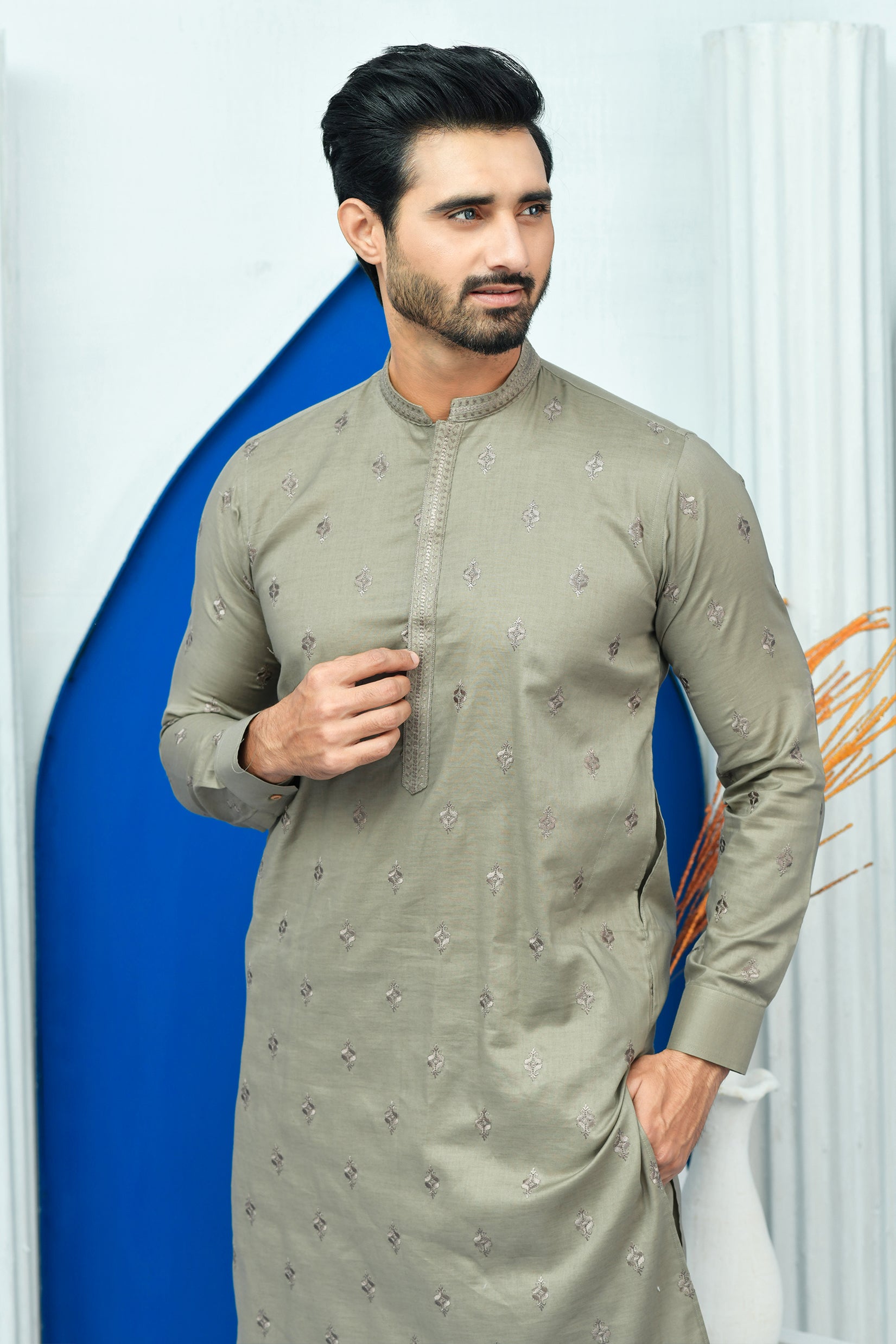 Beigish Brown Embroidered Poly Viscose Kurta Pajama (2-Piece) - Image 3