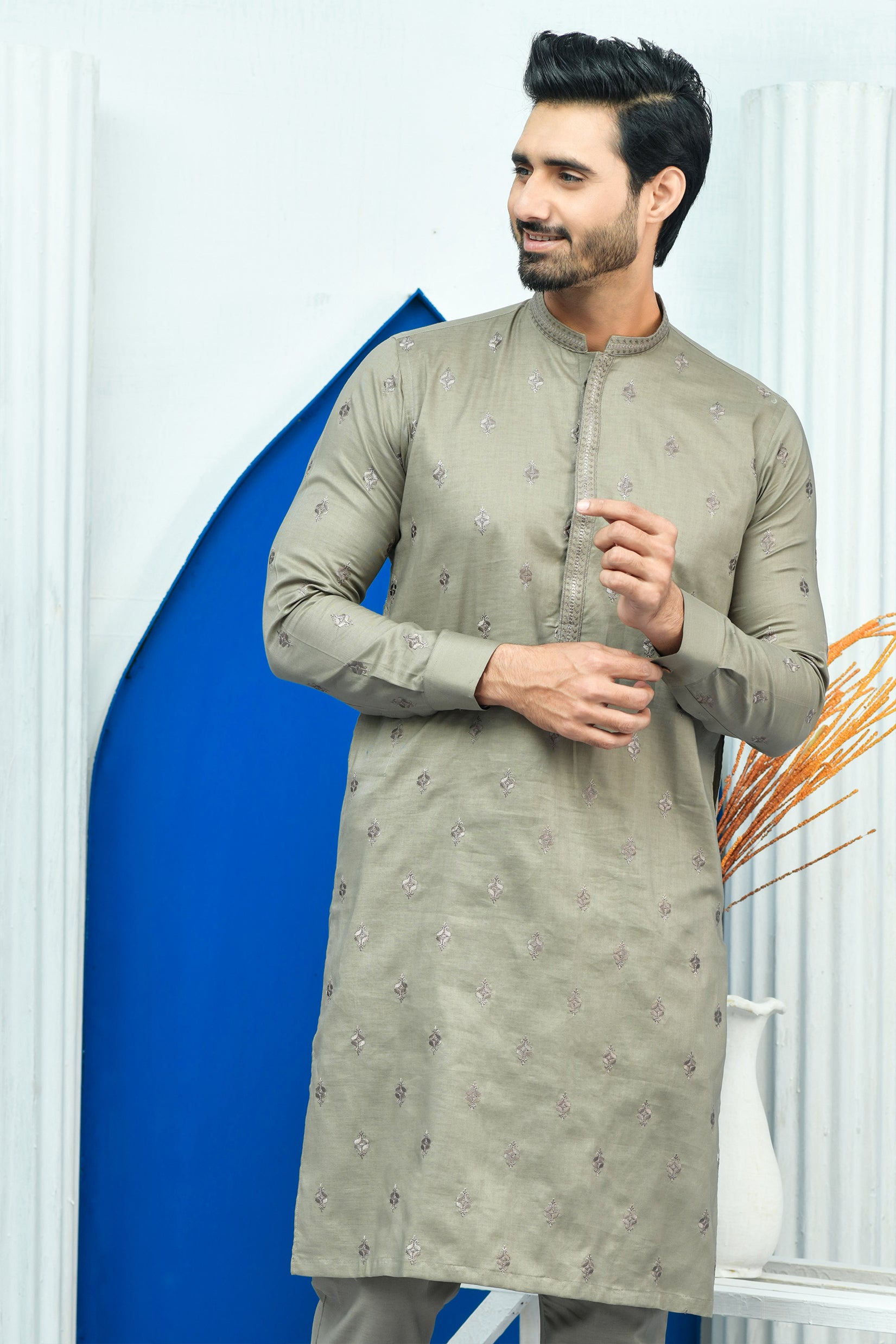 Beigish Brown Embroidered Poly Viscose Kurta Pajama (2-Piece) - Image 4