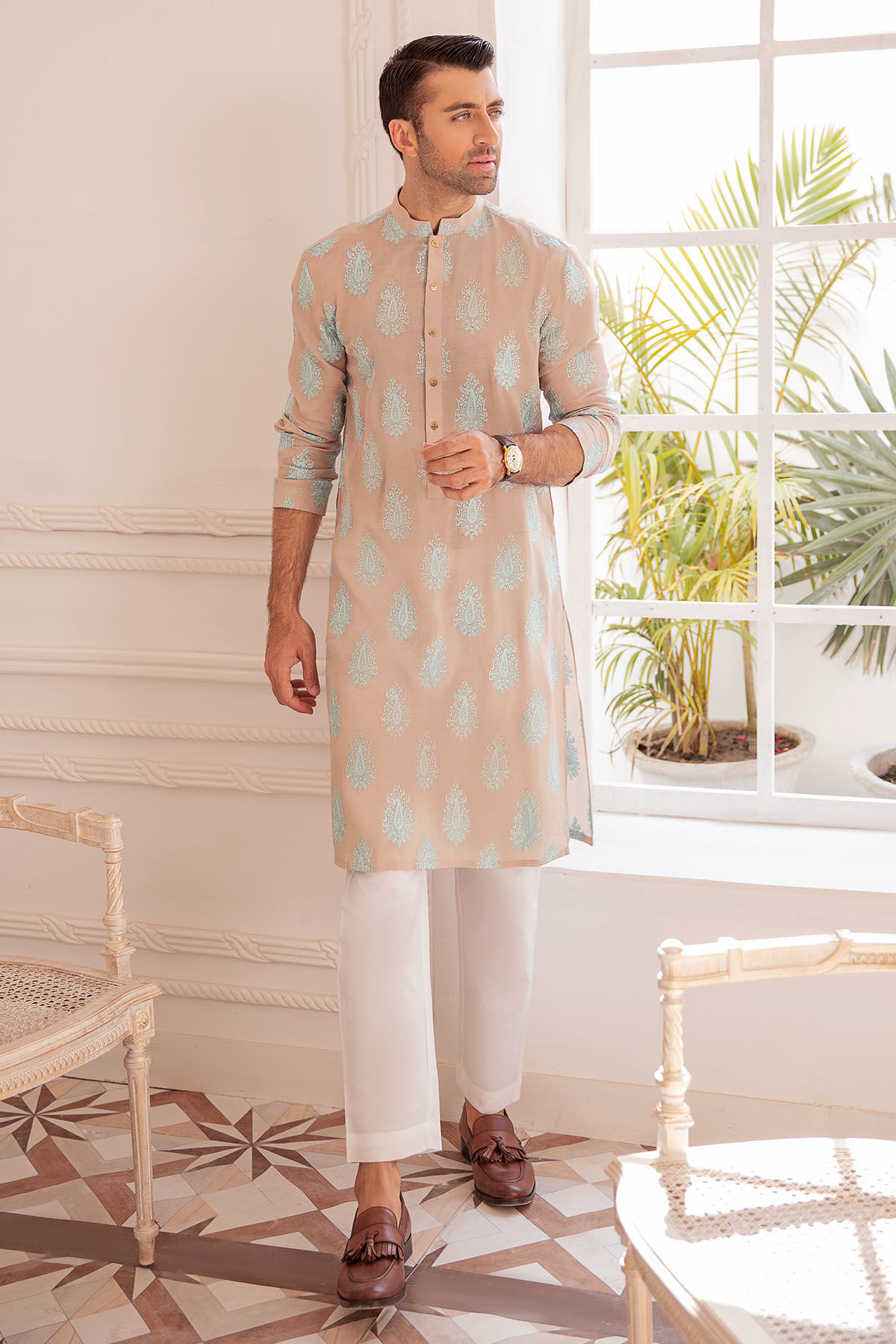 Sand Raw Silk Kurta with Turquoise Boti Motifs (2-Piece) - Image 1