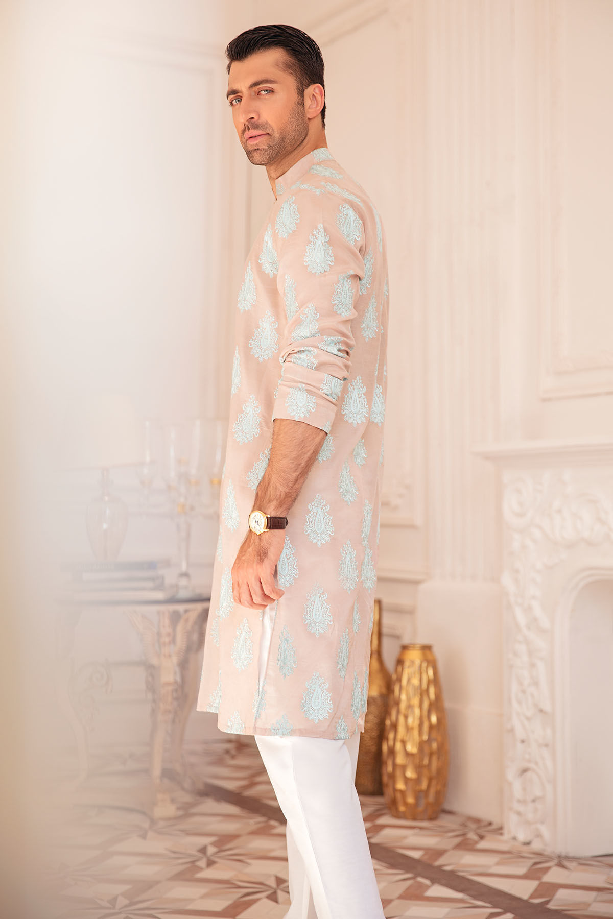 Sand Raw Silk Kurta with Turquoise Boti Motifs (2-Piece) - Image 2