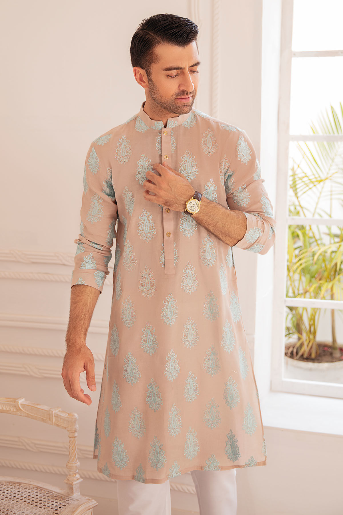 Sand Raw Silk Kurta with Turquoise Boti Motifs (2-Piece) - Image 3