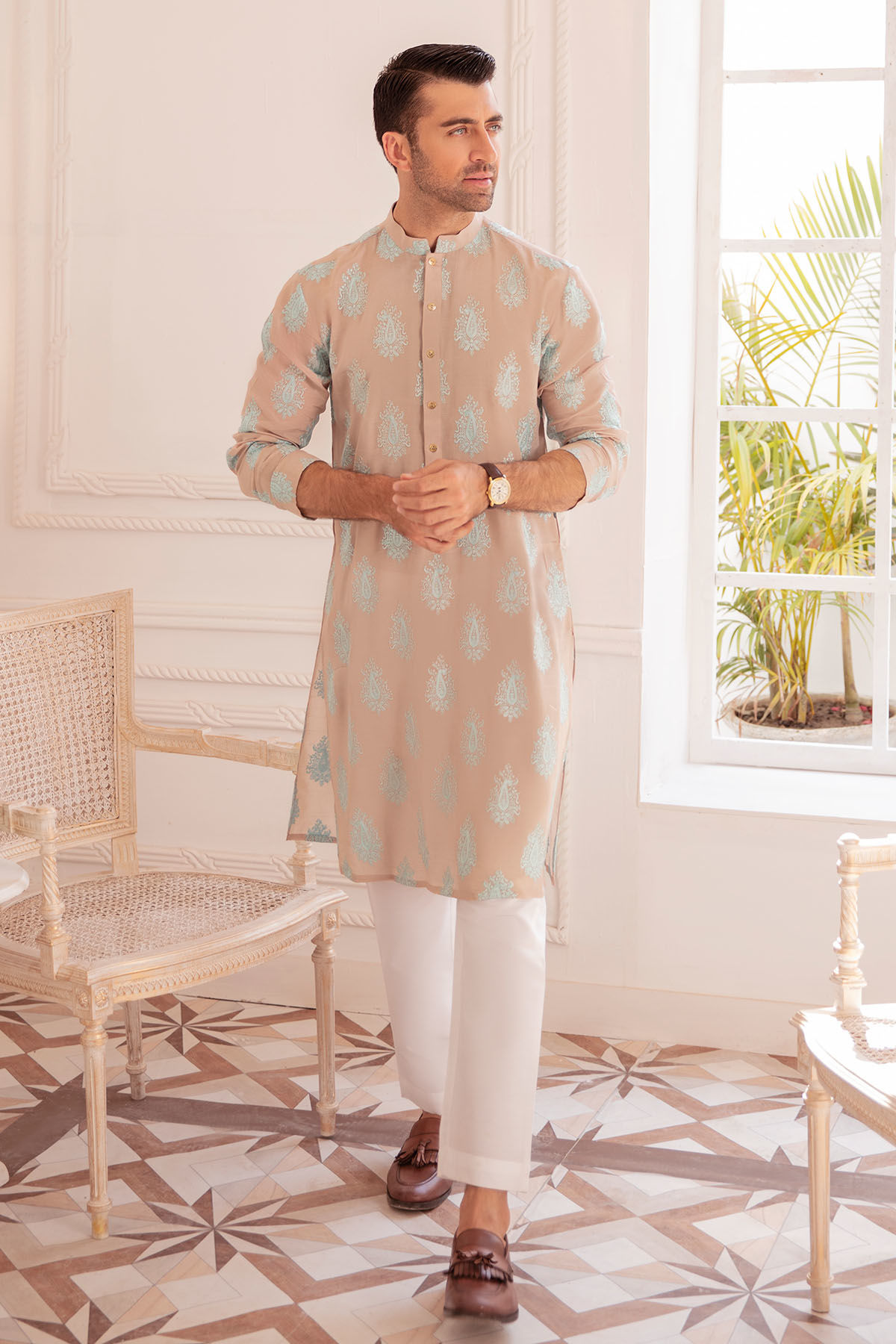 Sand Raw Silk Kurta with Turquoise Boti Motifs (2-Piece) - Image 4
