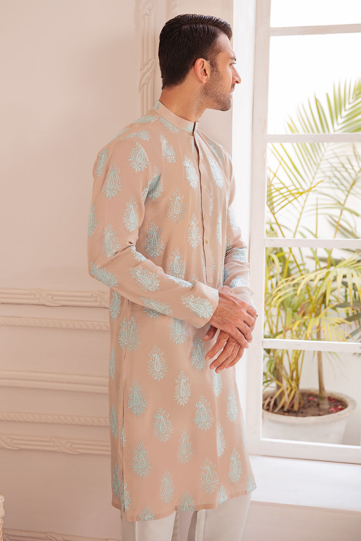 Sand Raw Silk Kurta with Turquoise Boti Motifs (2-Piece) - Image 5
