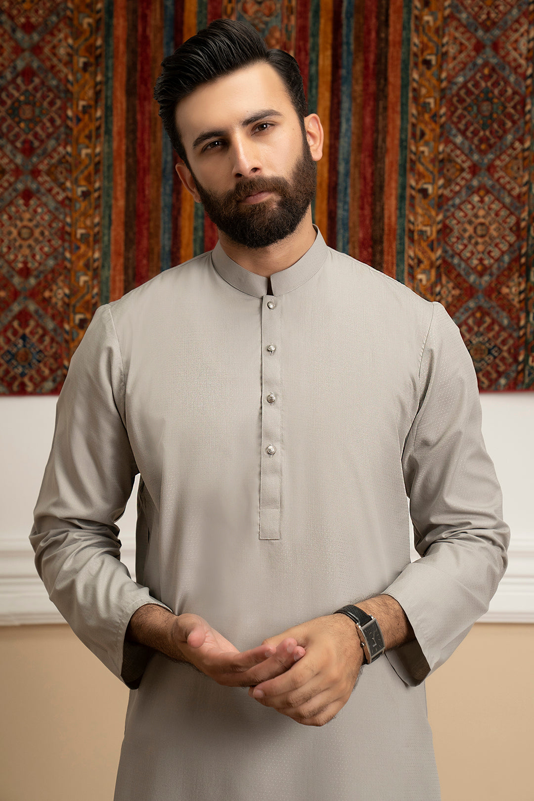 Oatmeal Self-Textured Wash & Wear Kurta (2-Piece) - Image 1