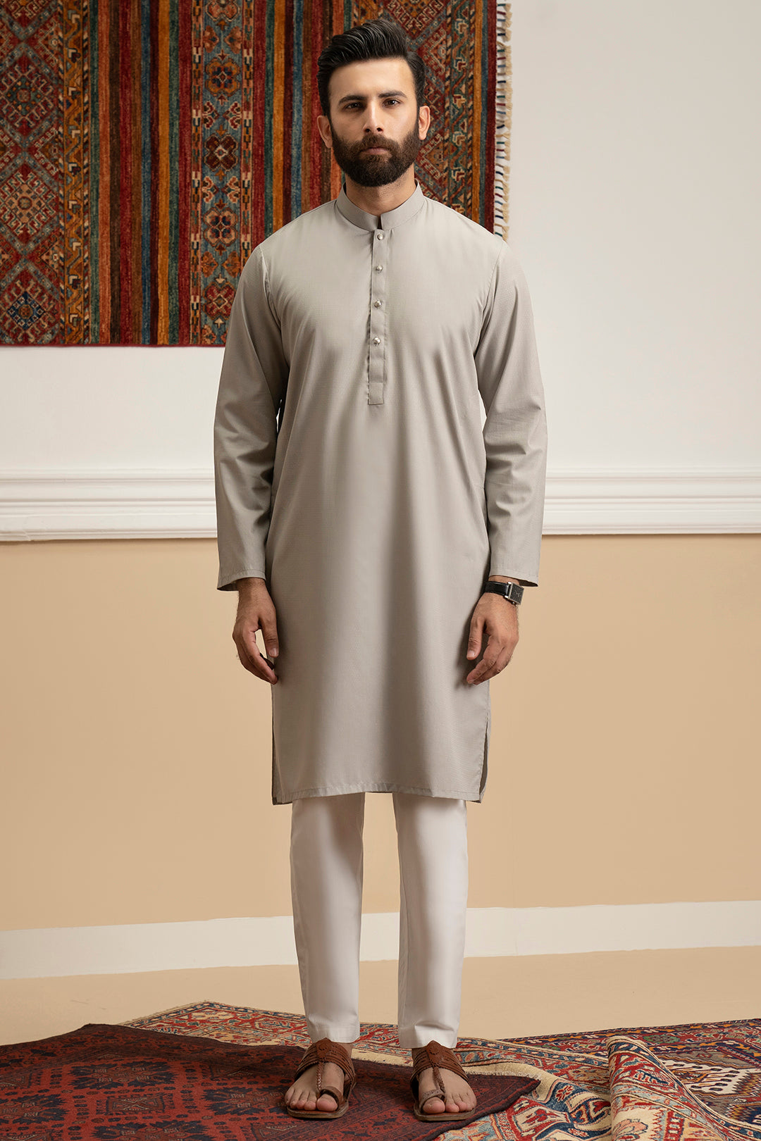 Oatmeal Self-Textured Wash & Wear Kurta (2-Piece) - Image 2