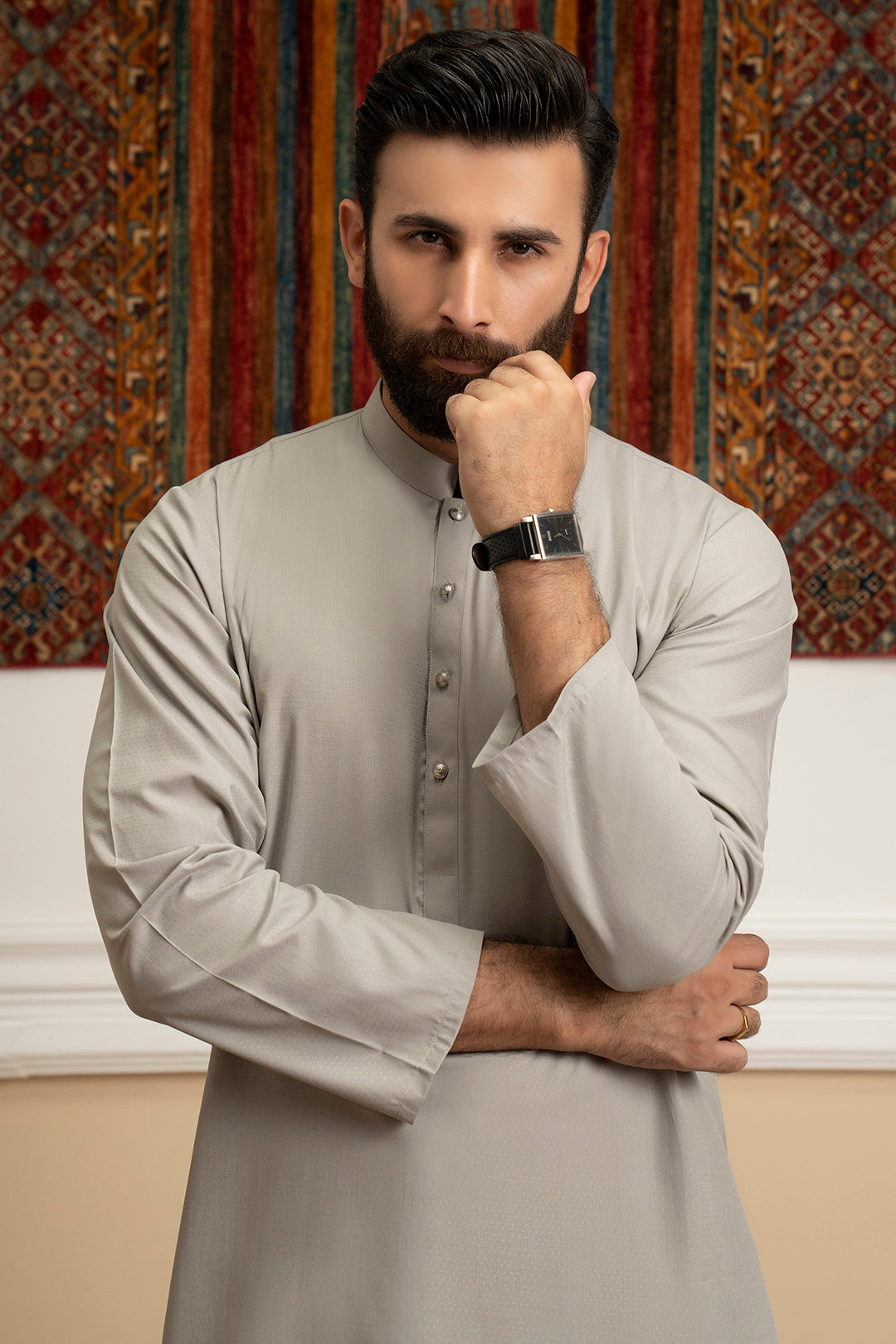 Oatmeal Self-Textured Wash & Wear Kurta (2-Piece) - Image 3