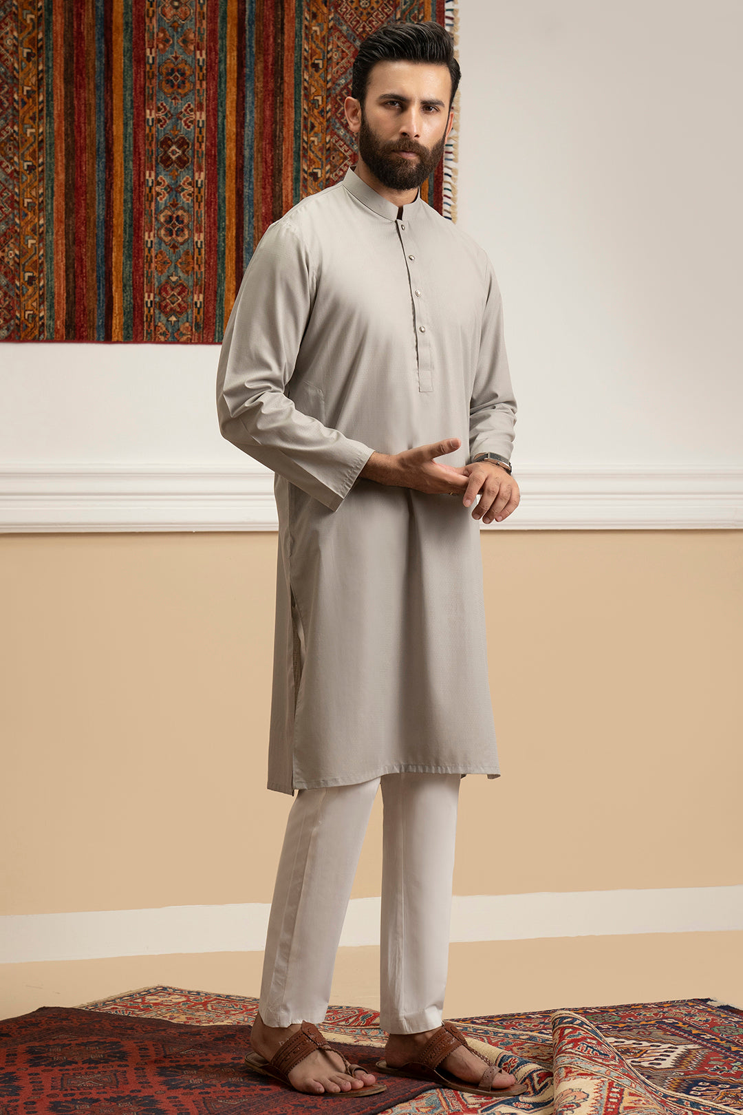 Oatmeal Self-Textured Wash & Wear Kurta (2-Piece) - Image 4