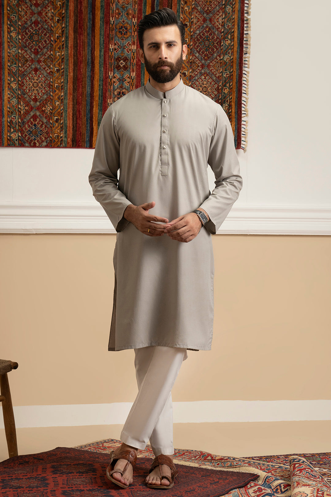Oatmeal Self-Textured Wash & Wear Kurta (2-Piece) - Image 6