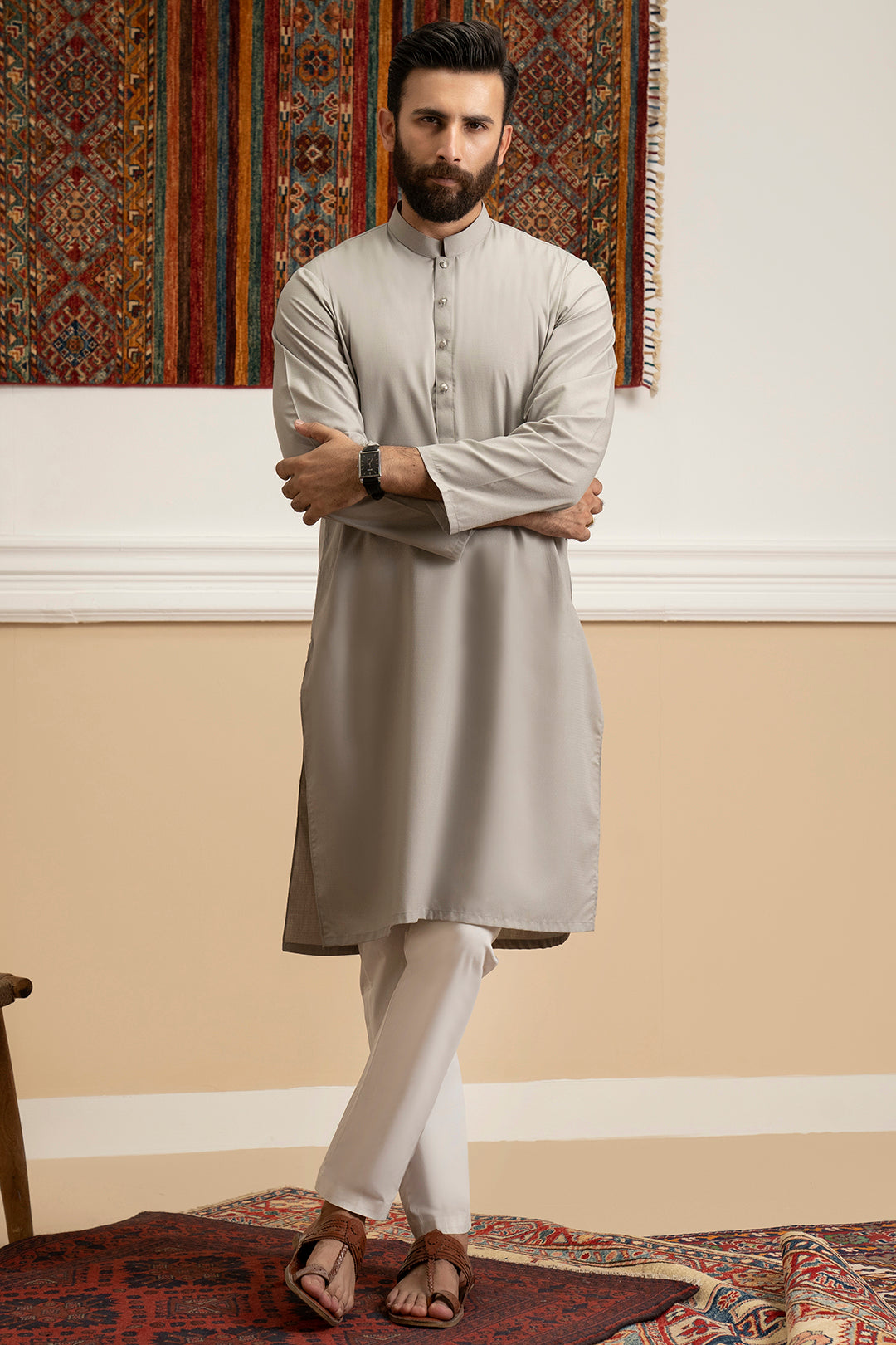 Oatmeal Self-Textured Wash & Wear Kurta (2-Piece) - Image 7