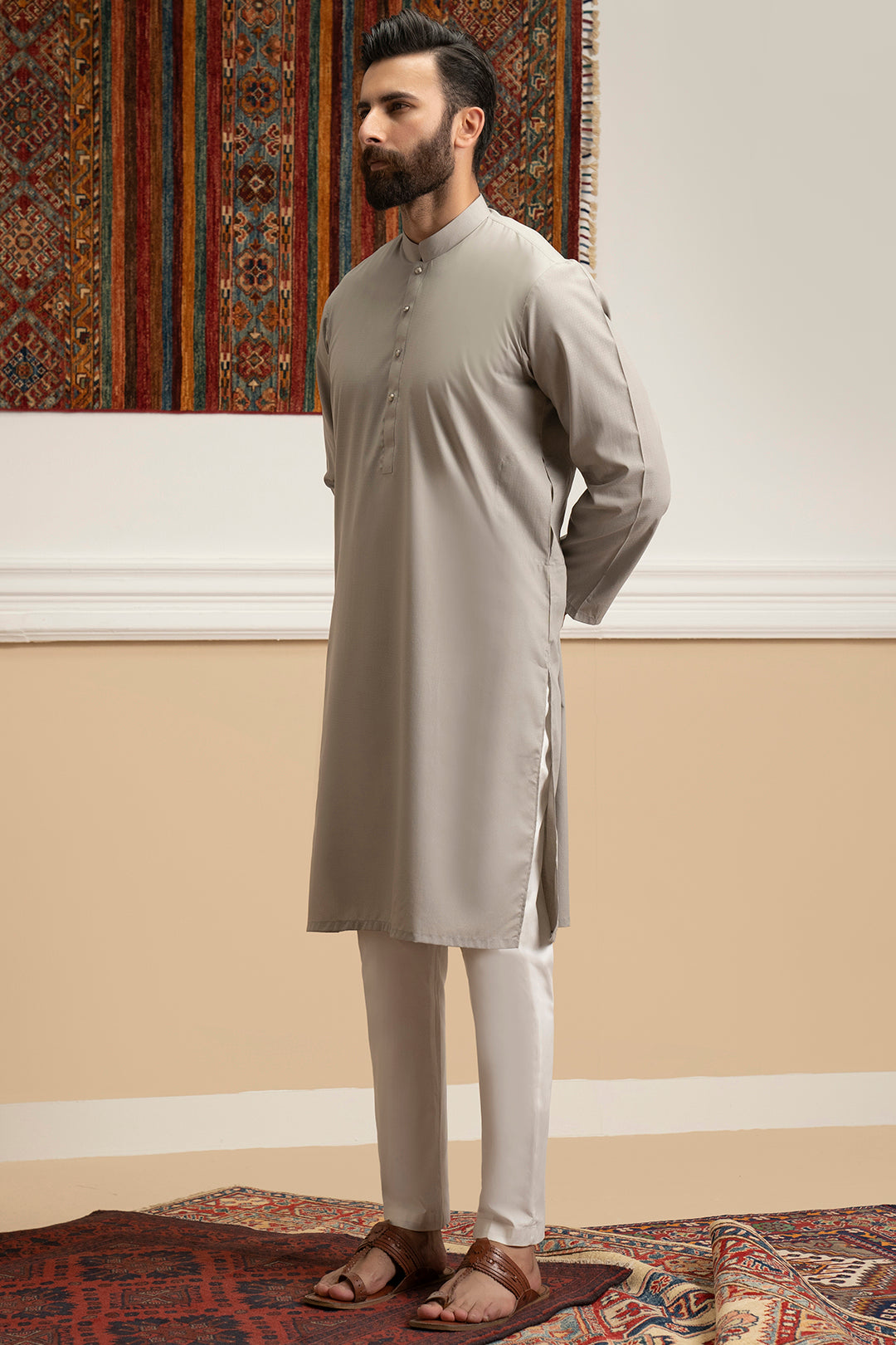 Oatmeal Self-Textured Wash & Wear Kurta (2-Piece) - Image 8