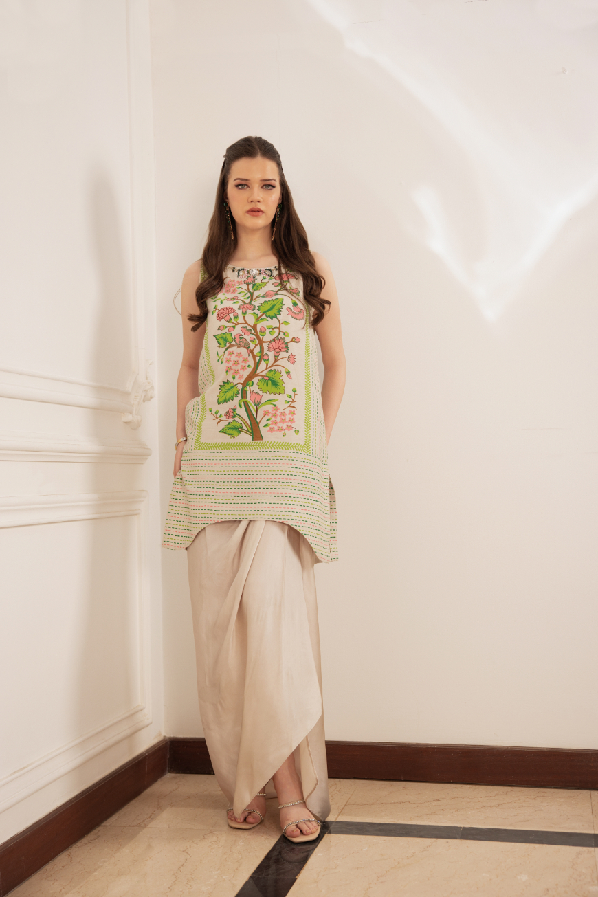 Beige Block Printed Cotton Silk Kurta with Sarong (2-Piece) - Image 2