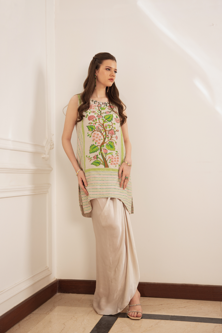 Beige Block Printed Cotton Silk Kurta with Sarong (2-Piece) - Image 3