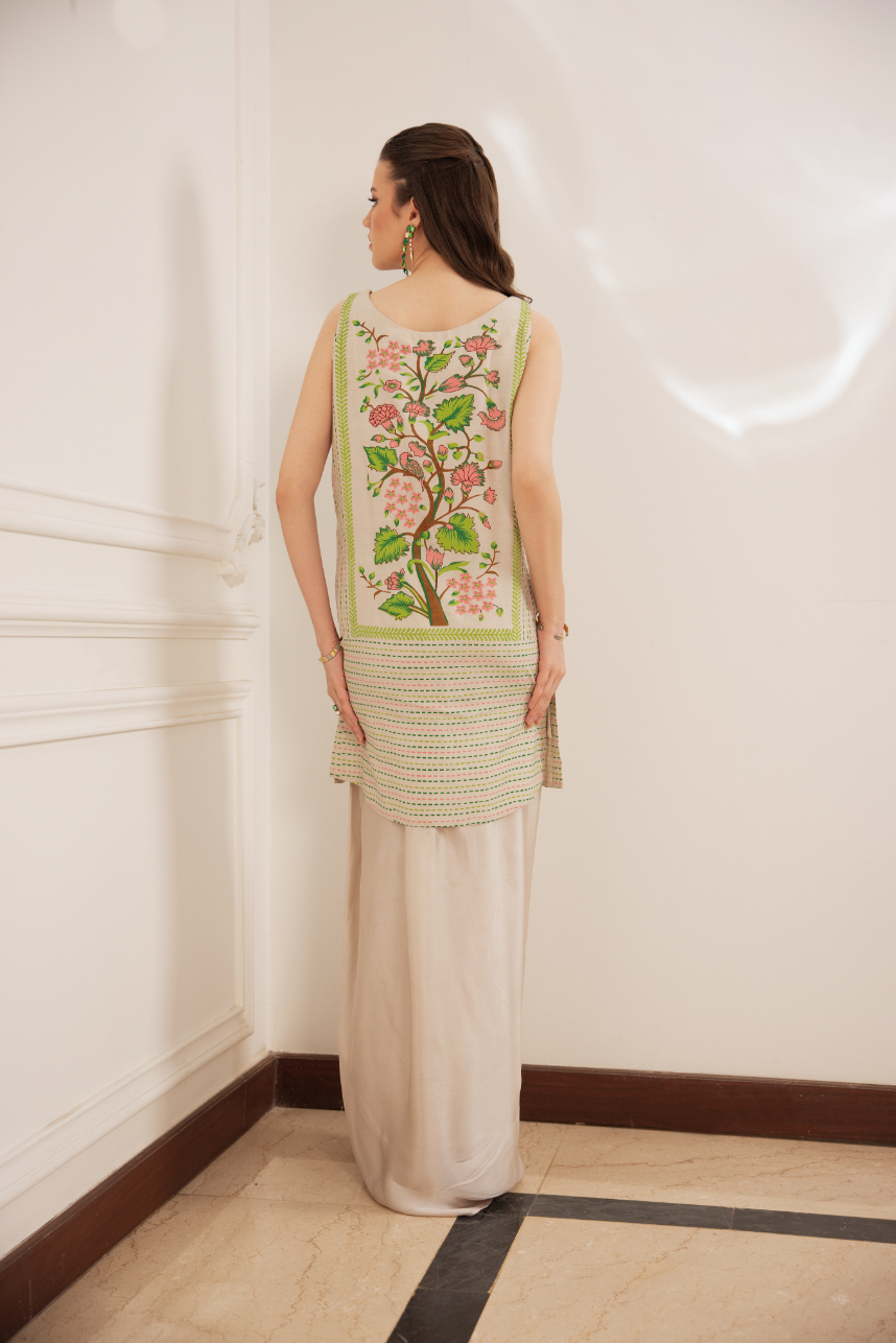 Beige Block Printed Cotton Silk Kurta with Sarong (2-Piece) - Image 4