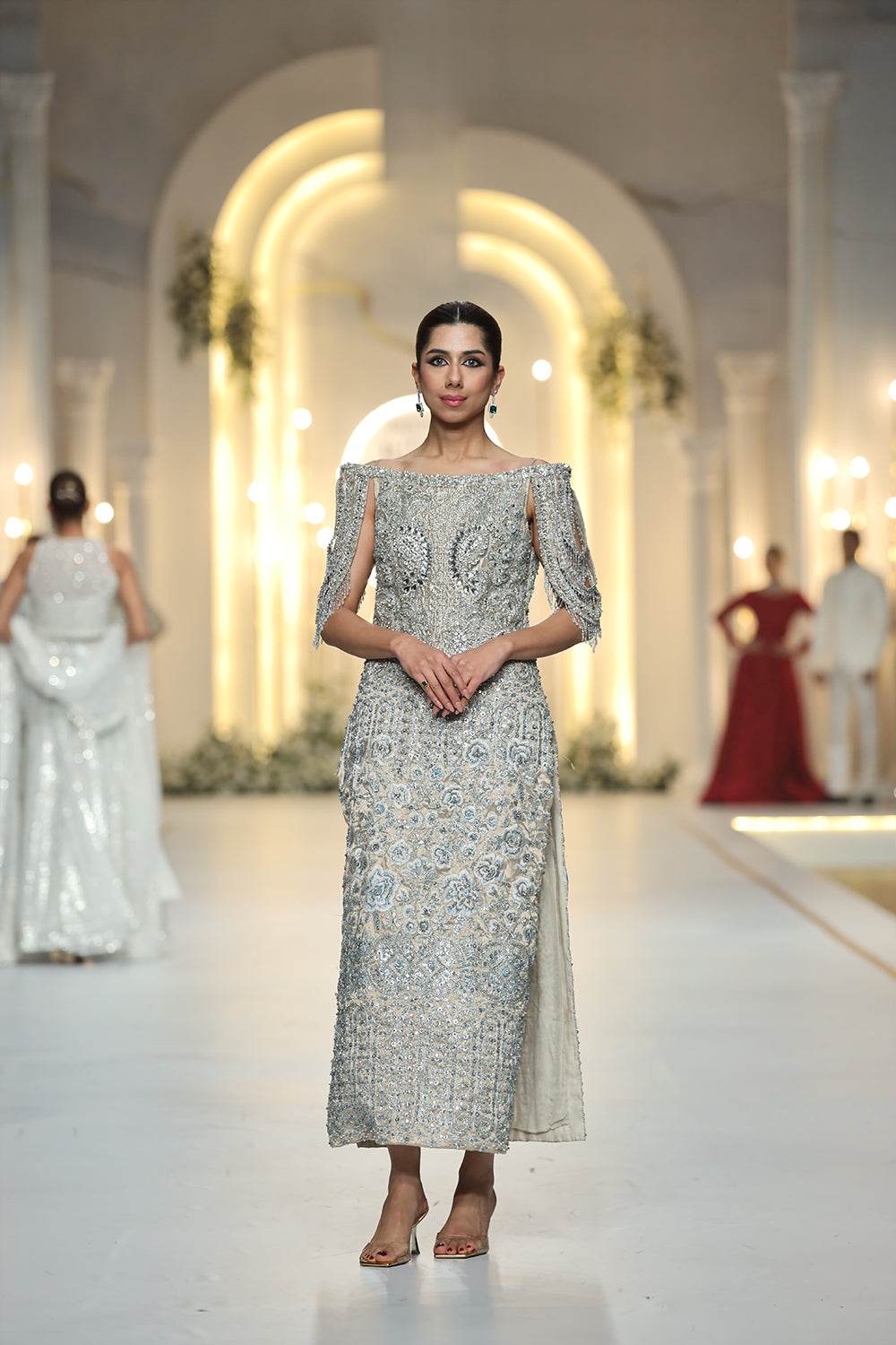 Pakistani Beige Embellished Pure Raw Silk Cocktail Dress (1-Pc) - Image 1