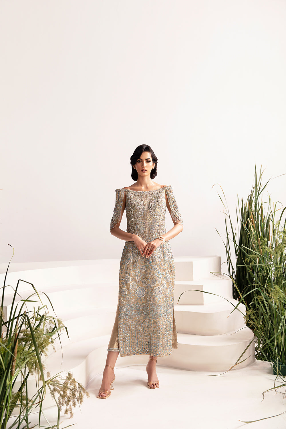 Pakistani Beige Embellished Pure Raw Silk Cocktail Dress (1-Pc) - Image 2