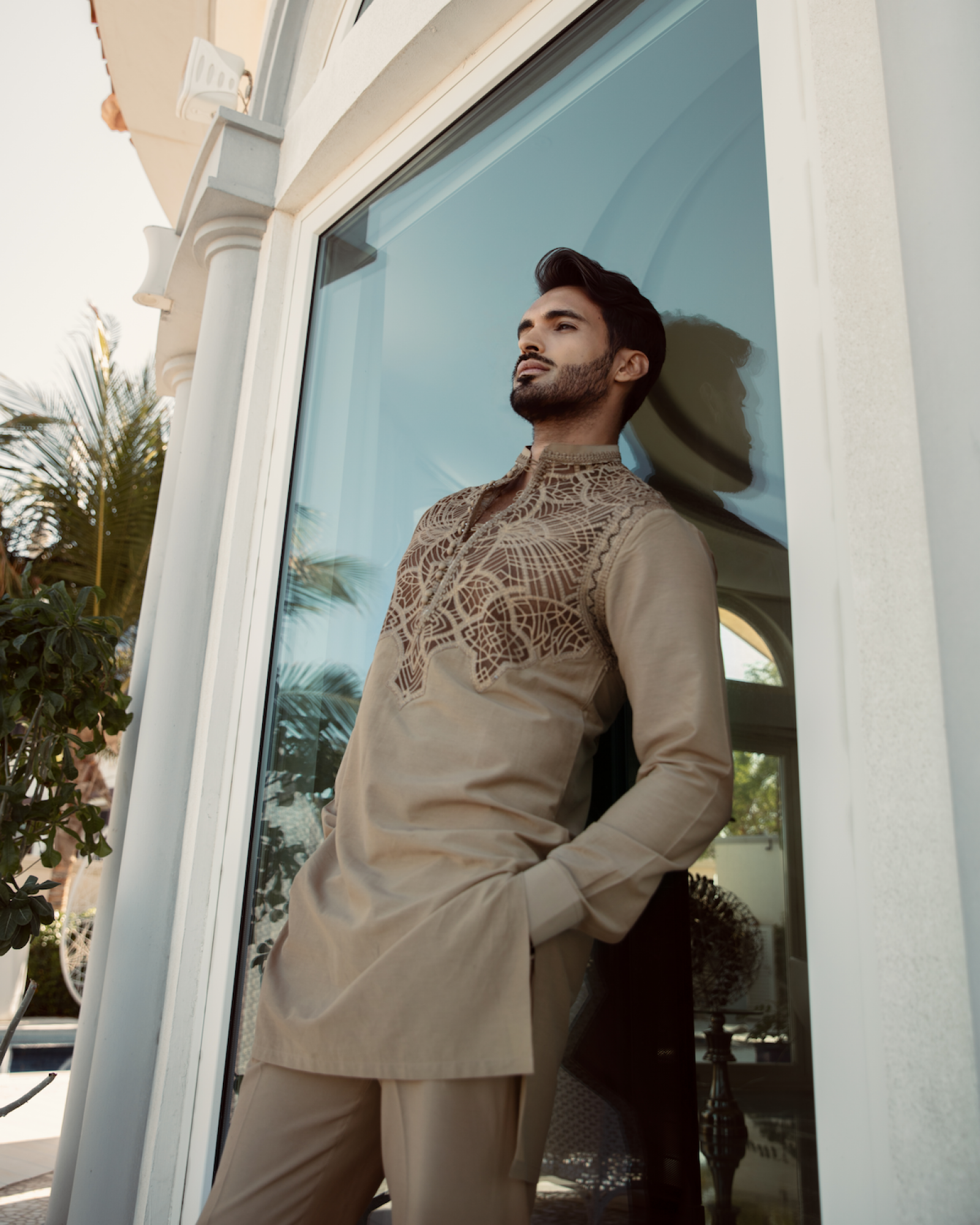 Sand Beige Geometric Embroidered Cotton Kurta (2-Piece) - Image 1