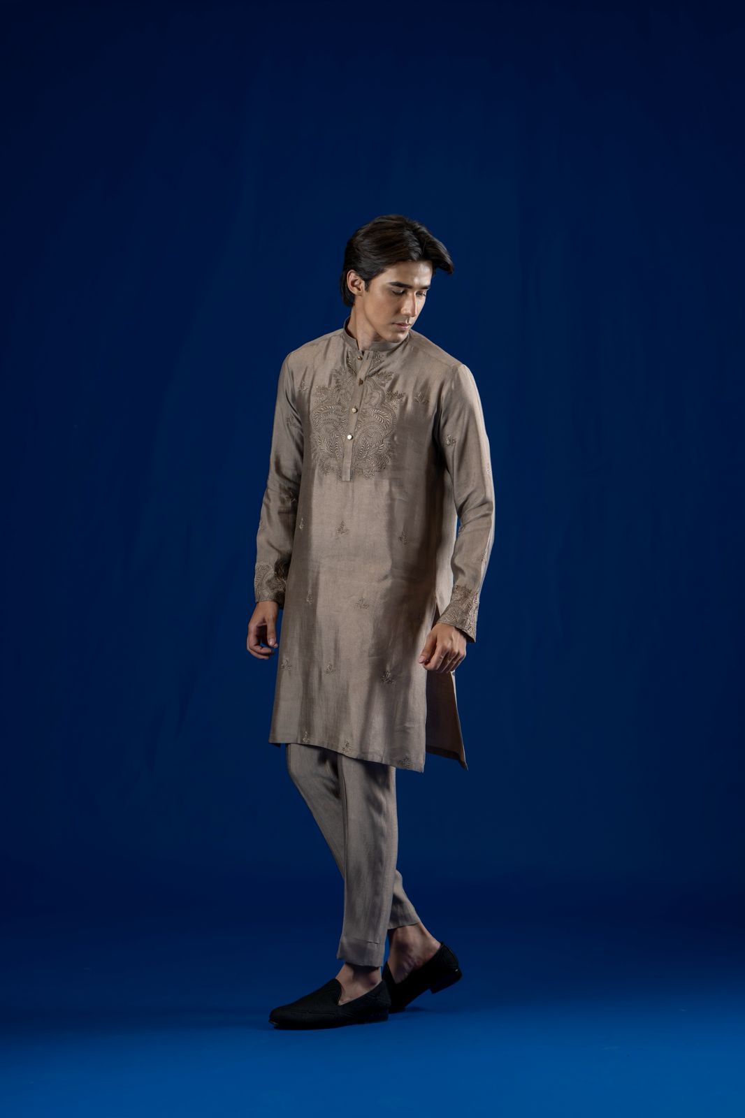 Taupe Embroidered Cotton Net Kurta Set (2-Piece) - Image 1