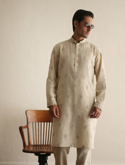 Fawn Thread Embroidered Cotton Kurta (2-Piece) - Image 2