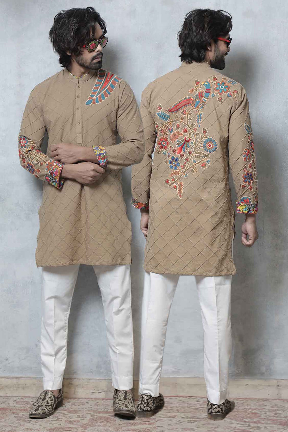 Beige Quilted Cotton Kurta with Multicolour Embroidery (2-Piece) - Image 1