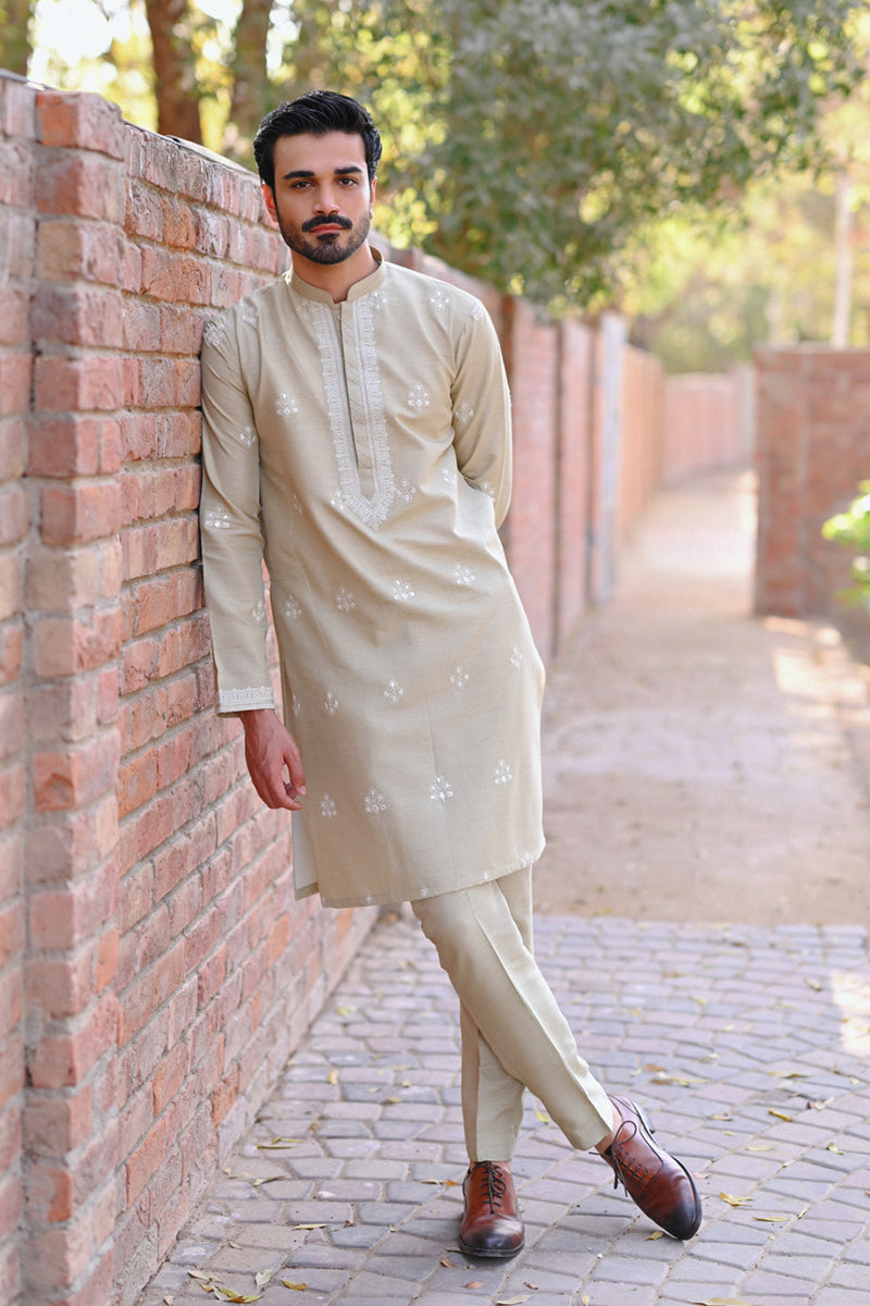 Beige Embroidered Raw Silk Kurta Set (2-Piece) - Image 1