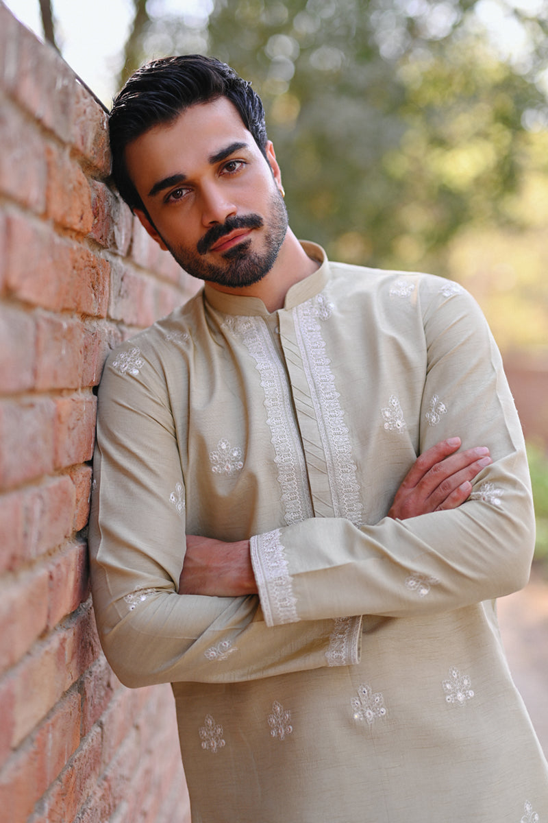 Beige Embroidered Raw Silk Kurta Set (2-Piece) - Image 2