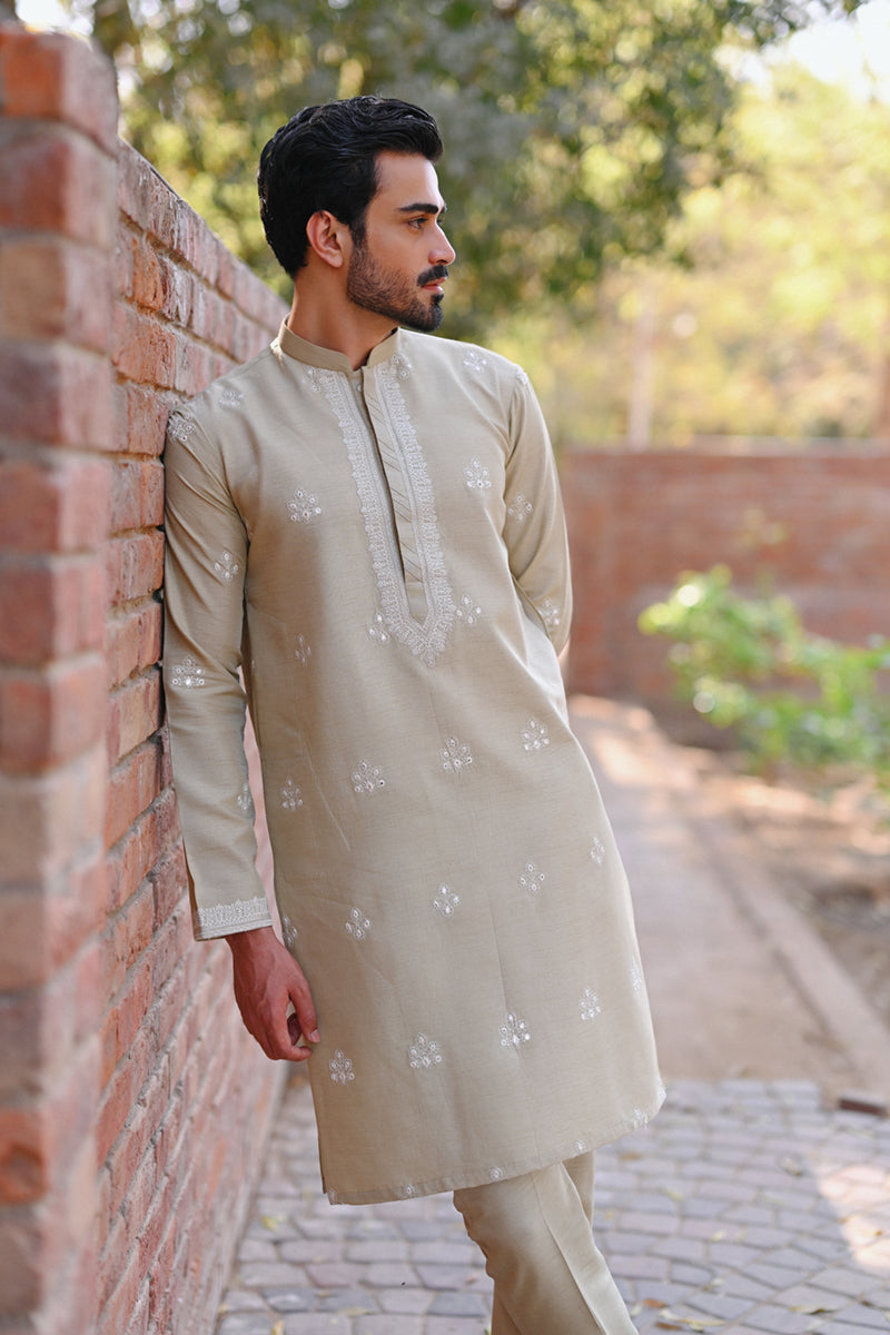 Beige Embroidered Raw Silk Kurta Set (2-Piece) - Image 3