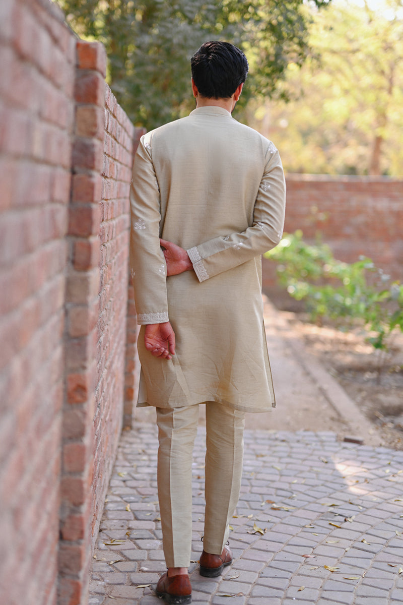 Beige Embroidered Raw Silk Kurta Set (2-Piece) - Image 5