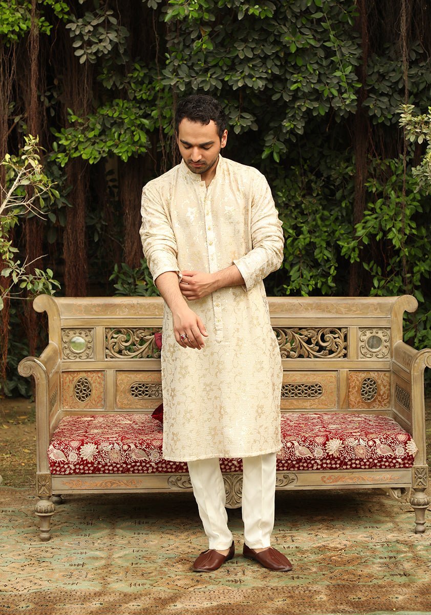 Beige Sequin Embroidered Silk-Blend Kurta Pajama (2-Piece) - Image 1