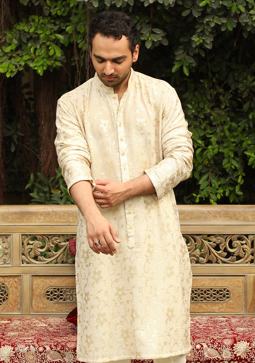 Beige Sequin Embroidered Silk-Blend Kurta Pajama (2-Piece) - Image 2