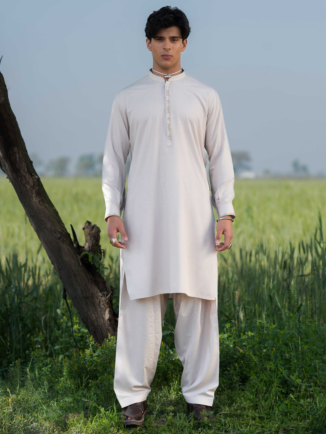 Beige Dori Embroidered Blended Shalwar Kameez (2-Piece) - Image 1