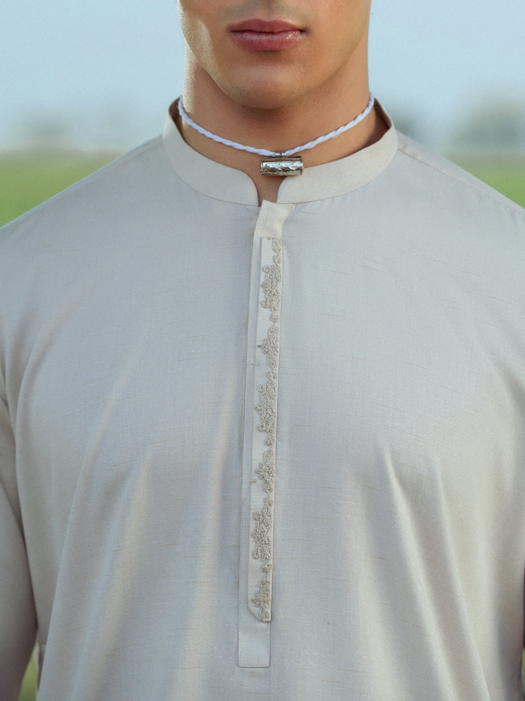 Beige Dori Embroidered Blended Shalwar Kameez (2-Piece) - Image 3