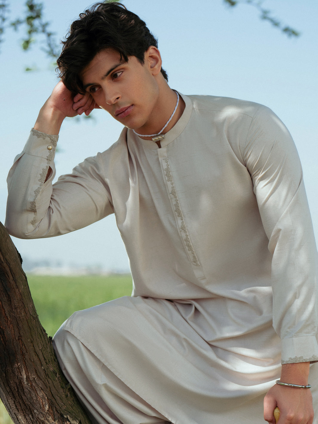 Beige Dori Embroidered Blended Shalwar Kameez (2-Piece) - Image 4