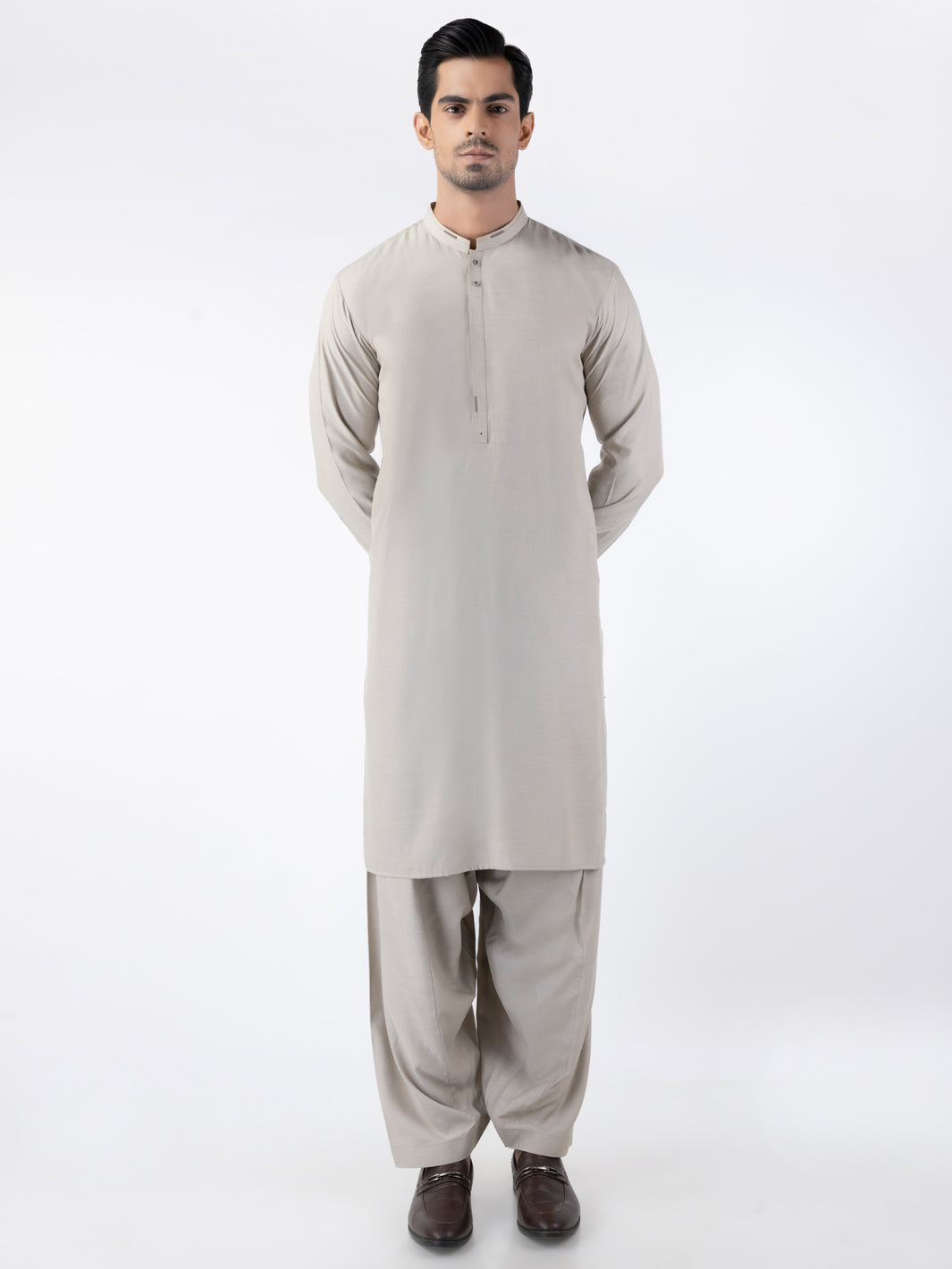 Fawn Cut-and-Sew Blended Shalwar Kameez (2-Piece) - Image 1