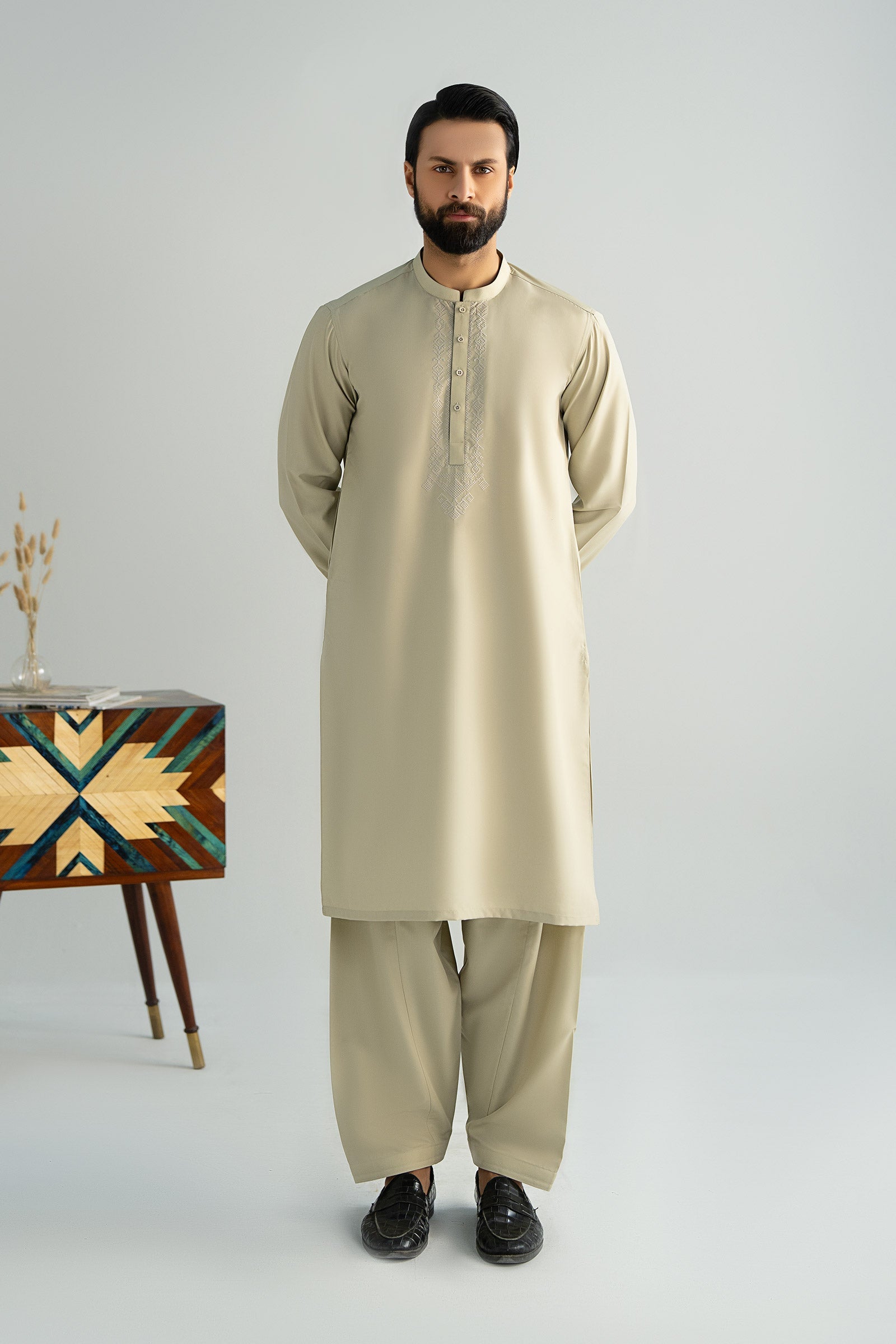 Cement Beige Embroidered Blended Kurta Shalwar (2-Piece) - Image 1
