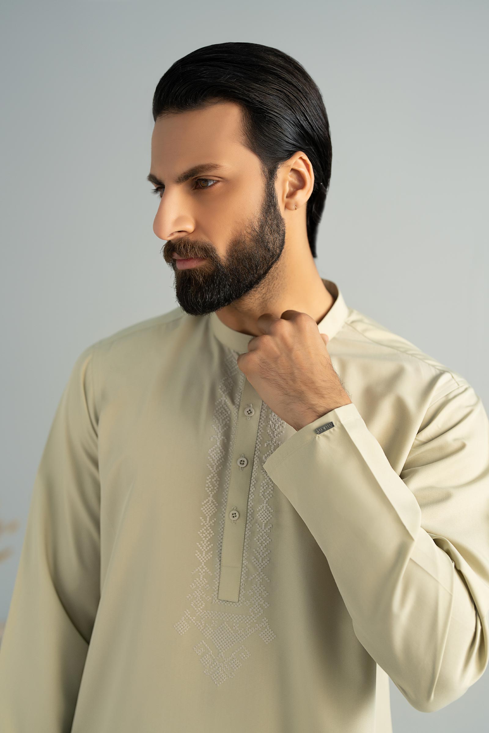 Cement Beige Embroidered Blended Kurta Shalwar (2-Piece) - Image 2