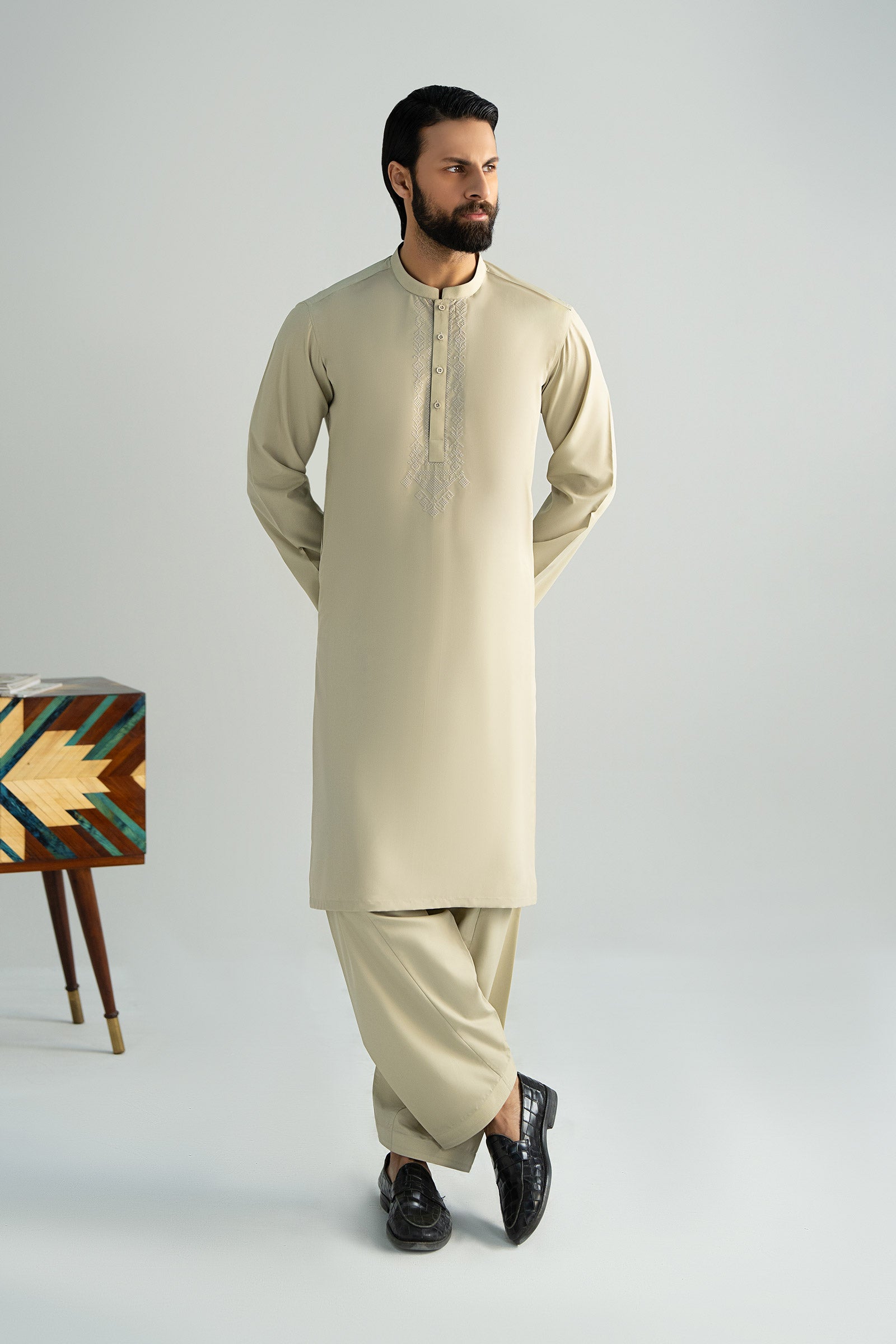 Cement Beige Embroidered Blended Kurta Shalwar (2-Piece) - Image 6