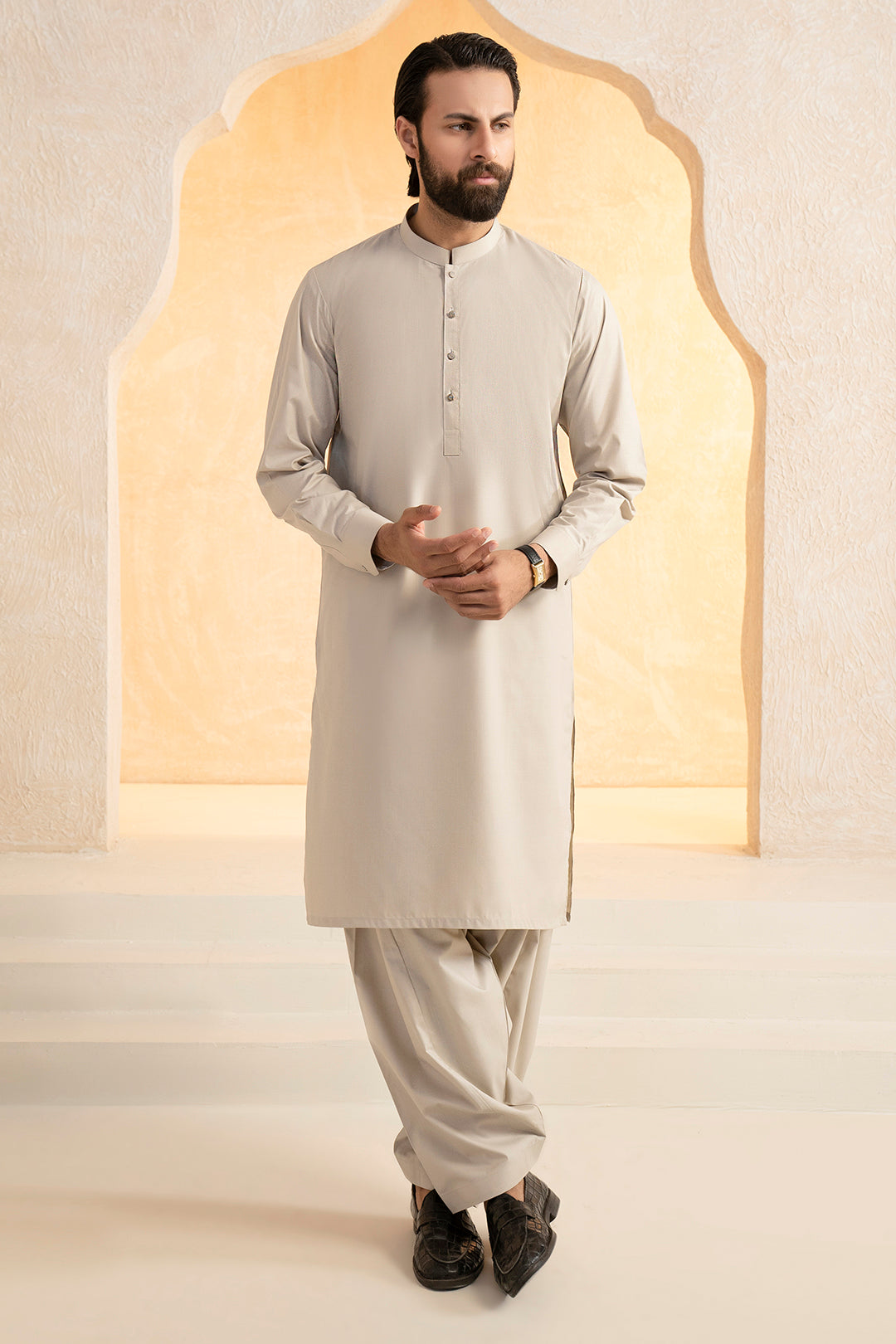 Beige Slub Textured Blended Fabric Shalwar Kameez (2-Piece) - Image 2