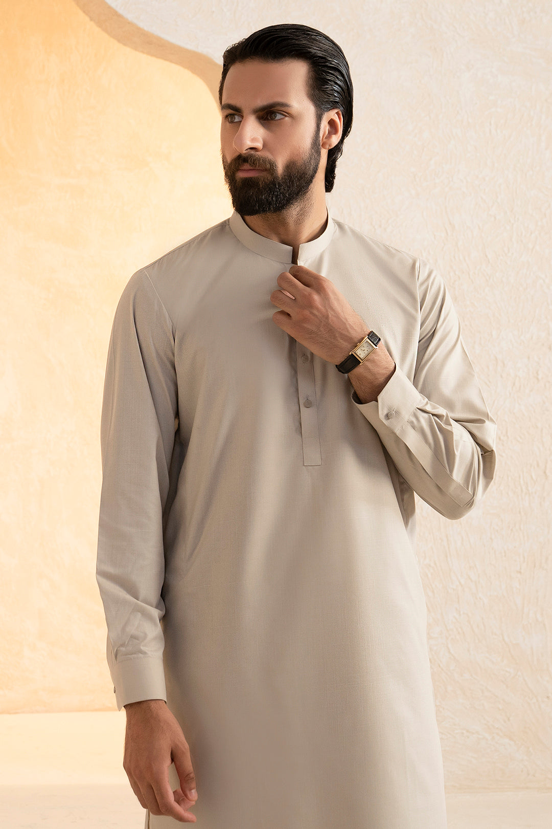 Beige Slub Textured Blended Fabric Shalwar Kameez (2-Piece) - Image 3